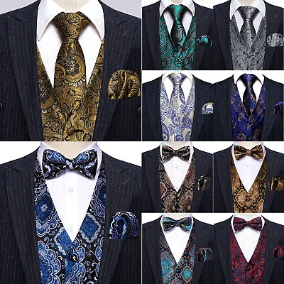 Mens Waistcoat Black Blue Red Paisley Dress Vest Neck Tie Hankie Set Suit Tuxedo • $19.99