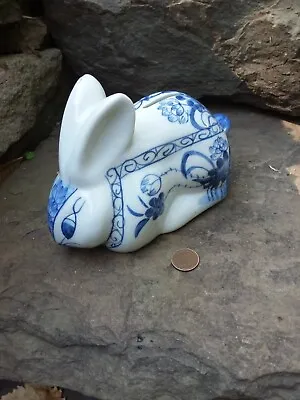 Ceramic Blue And White Floral Bunny Rabbit Coin Bank Piggy Bank • $15