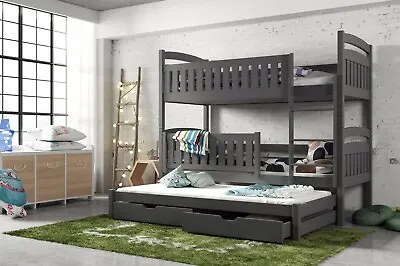 £449 • Buy Children Wooden Pine Bunk Bed Trundle Bed BLANKA With Drawers In Graphite