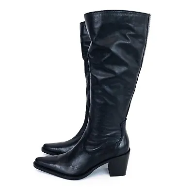 Mango MNG Black Leather Knee High Western Style Boots - UK 5 • £40