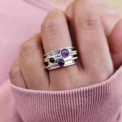 Genuine Amethyst Spinner Ring Meditation Fidget Ring Sterling Silver Ring For • $15.29