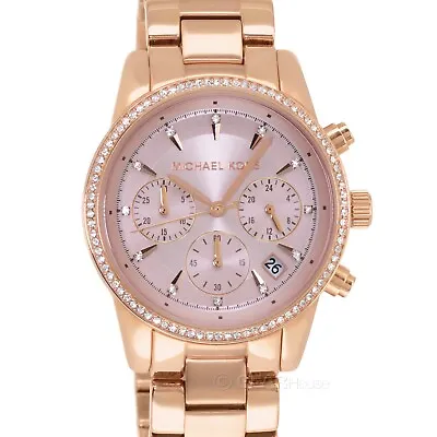 Michael Kors Ritz Womens Glitz Watch Pink Dial Crystal Rose Gold Stainless Steel • $101.56