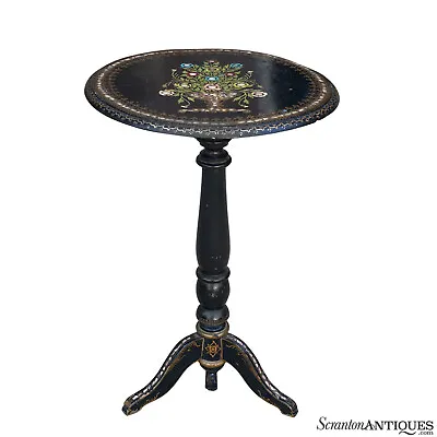 Antique French Victorian Ebonised Tilt Top Round Table W/ Mother Of Pearl Inlay • $400