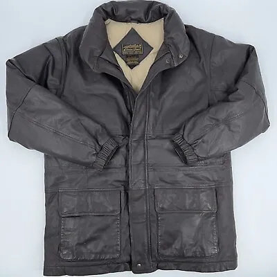 Vintage EDDIE BAUER Goose Down Leather Coat Mens Size LARGE Brown Puffer Parka • $99.99