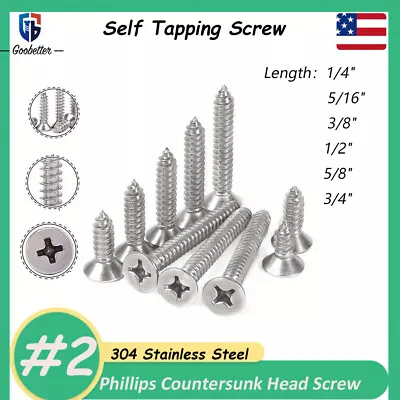 #2 Phillips Flat Countersunk Head Self Tapping Screw Wood Screws Stainless Steel • $4.94