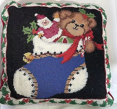 $15.39 • Buy Vintage Handcrafted Needlepoint Throw Pillow Santa Bear Velvet Zip Christmas
