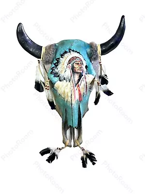 Real Hand Painted Cow Skull  southwest signed skull  Warrior  Chief • $150