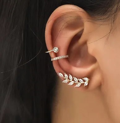 3pcs Set Leaf EAR CUFF Earrings Crystal Cartilage Ear Ring Fake Clip On Cuff • £5.49