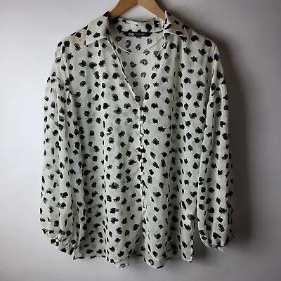 Zara Woman Size S Ivory Black Leopard Print Oversized Sheer Shirt Blouse Casual • £8