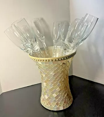 Large Pastels & Mother Of Pearl Mosaic Vase W/ 11PC Long Stem Champagne Flutes • $95