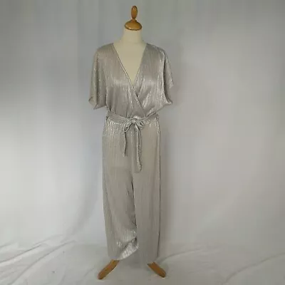 Next Jumpsuit Silver Pleated Metallic Wrap V Neck Belted New UK 14 Tall • £14.99