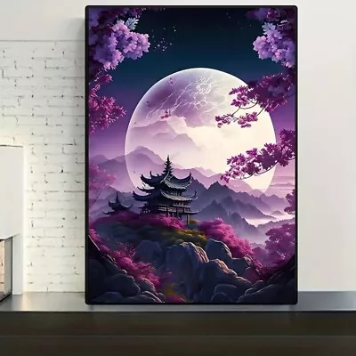 Japanese Pagoda Moon Landscape Canvas Picture Poster Wall Art Living Room • £21