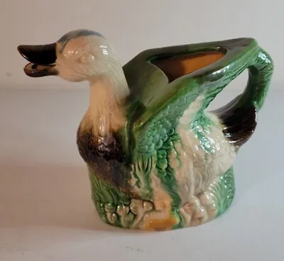 Vintage Ceramic Glazed Majolica Duck Water Gravy Boat Creamer Pitcher Planter • $40