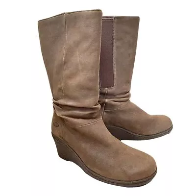 NEW Keen Akita Brown Leather Slouchy Mid Calf Wedge Heel Boots- SZ 8 • $55