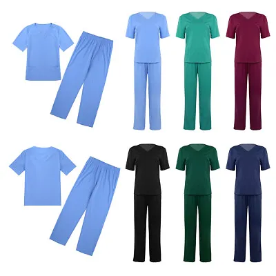 £19.65 • Buy Mens Womens Nurse Hospital Medical Scrub Uniform Set Top Trouser Pants Work Wear