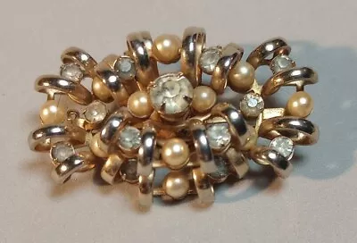 Vtg Kramer Of New York Signed Brooch Goldtone Faux Pearls And Rhinestones • $34.99