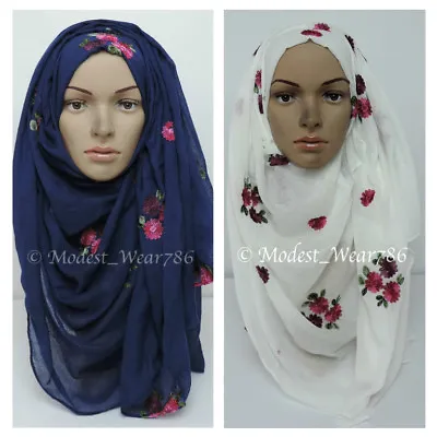 Maxi Cotton Polyester Floral Embroidery Hijab Scarf Wrap Muslim Headcover  • $8