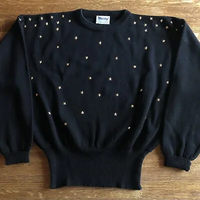 Womens Meister Black Ski Sweater W Gold Star Studs Sz L Hong Kong Wool/acrylic • $20