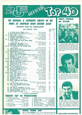 2UE Music Chart Top 40 Australia W/c 5 August 1964 Hard Day's Night The Beatles • $7.90