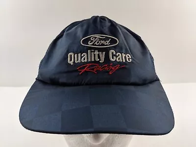 Vintage Ford Racing Motocraft Satin Hat Navy Blue Check Snapback Cap Stylemaster • $14.88