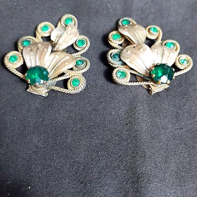 Vtg ART DECO Victorian Era Emerald Green Rhinestones  Shoe Clips Filigree FT750 • $49