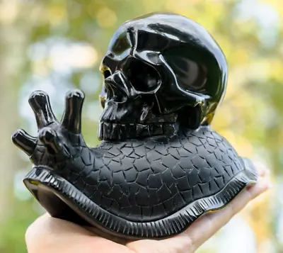 Black Obsidian Crystal Skull Snail - Large Hand Carved 6  Volcanic Glass Skull • $275