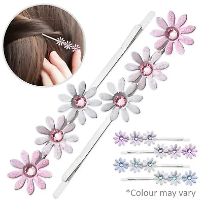 £3.24 • Buy 2Pc PASTEL FLOWER METAL HAIR GRIPS Diamante Silver Slides Clips Pins Accessories