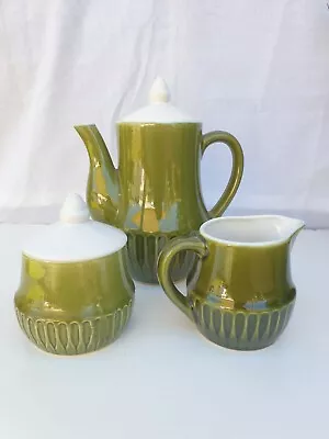 Vintage Olive Green Tea Set  Sugar & Milk Jug/Creamer Teapot Ceramic Glaze Japan • $33