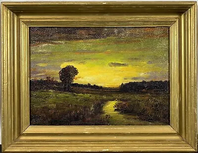 Antique 19th C. American Tonalist “Sunset On The Marsh” Landscape Oil Painting • $595