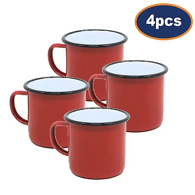 4pcs Falcon Red Black Rim 500ml Coffee Mug Enamel Tin Gas Electric Hobs Safe • £22.50