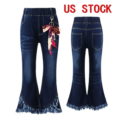 $21.53 • Buy US Girls Casual Jeans Denim Bell Bottoms Ruffle Tassel Hem Flare Pants Trousers 