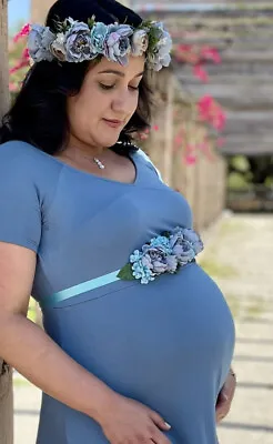 Motherhood Maternity Large Cross Front Blue Dress W/ Flower Crown And Sash Belt • $29.99
