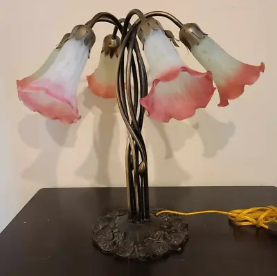 18” Meyda Lamp 6 Light Lily Pad Base Dale Tiffany Nouveau Style Pink Tulip Shade • $99.99