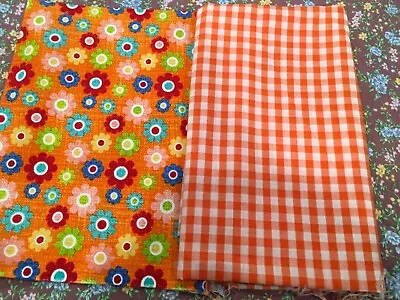 1 Yard Vtg  Gingham Orange Fabric + Fat Quarter Floral • $7.50