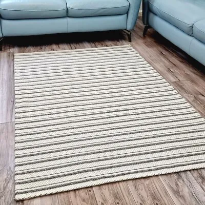 Striped Rug Flat Weave Machine Washable Large Small Natural Woven Grey Cream Mat • £69.99