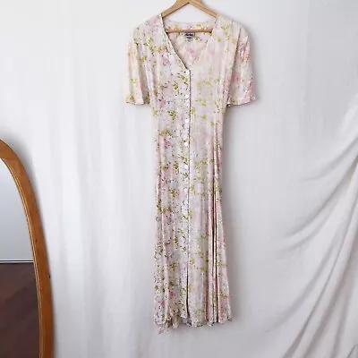 VINTAGE Button Up Midi Dress Size 12-14 M-L Green Pink Floral Rayon Ties 90s • $64