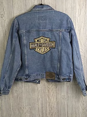 Mens VINTAGE HARLEY DAVIDSON Motorcycle Button Up Jean Denim Jacket Size Small • $24.99