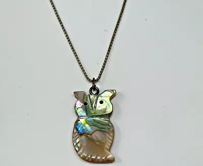 Vintage 925 Sterling Silver Carved Abalone Shell OWL Pendant 20  Necklace • $39.99