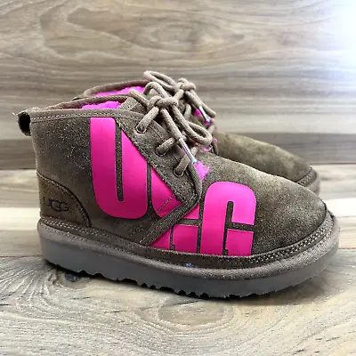 UGG Girls Size 1 Boots Neumel Suede Shearling Fur Lined Chopd Chestnut Pink • $29.88