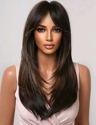 Womens Long Straight Hair Wigs Ladies Dark Brown Highlights Cosplay Full Wig New • £19.95