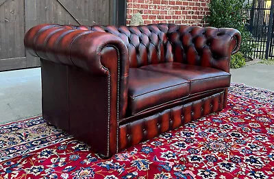 Vintage English Chesterfield Leather Tufted Love Seat Sofa Oxblood Red #1 • $3750