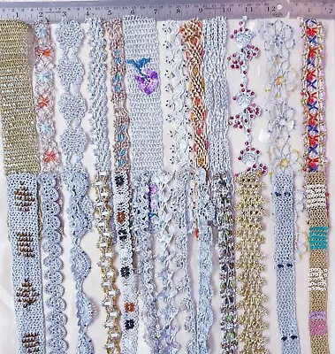 VERY RARE LOT Antique Vintage Sari TRIM LACE RIBBON 25 Pc  ZARI SEQUINS DS90 • $23.49