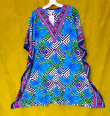 Winlar Caftan Dress Top One Size PLUS Blue Butterfly Knee Length 1X 2X 3X XXL XL • $19.99