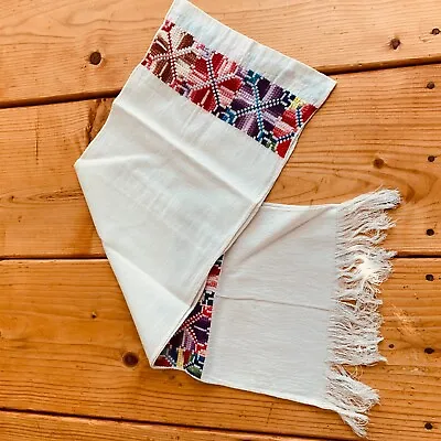 Maya Mexican Chiapas White Rectangle Hand Embroidered Table Runner Scarf 10x54In • $15