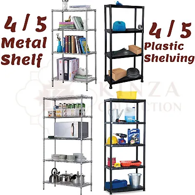 5 / 4 Tier Metal Storage Rack Shelving Wire Shelf Kitchen Office Garage UNIT • £21.99