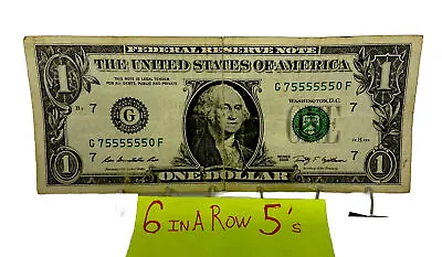 $1 Dollar Bill Six In A Row 6’s Near Solid Fancy Serial Numbers Circulated • $29.99