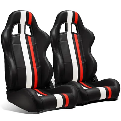 2 X Universal Black PVC Leather Red/White Strip Left/Right Racing Car Seats • $308.50