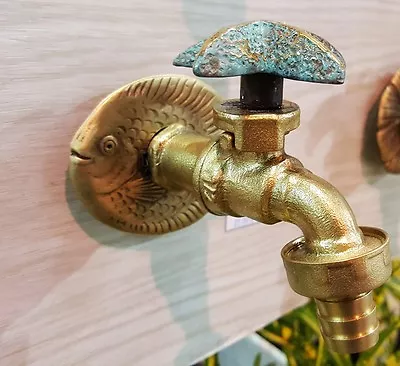 Brass Garden Tap Faucet GREEN STAR FISH Spigot FREE BASE Vintage Water Home Deco • $59.99