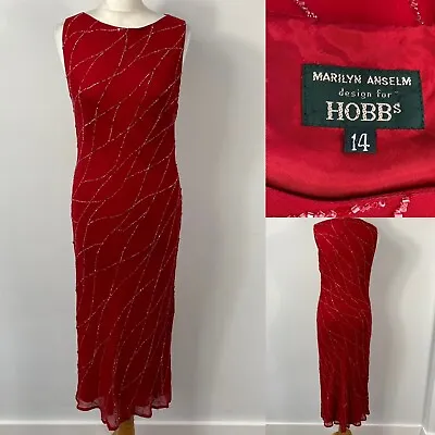 Vintage Hobbs Marilyn Anselm Red Pure Silk Beaded Dress Size 14 Fits UK 12 VGC • £39.99