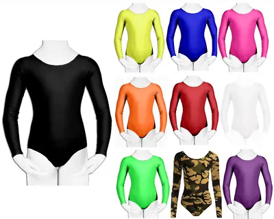 Kids Girls Dance Leotard Plain Microfibre Stretchy Long Sleeve Ballet Bodysuit • £6.99